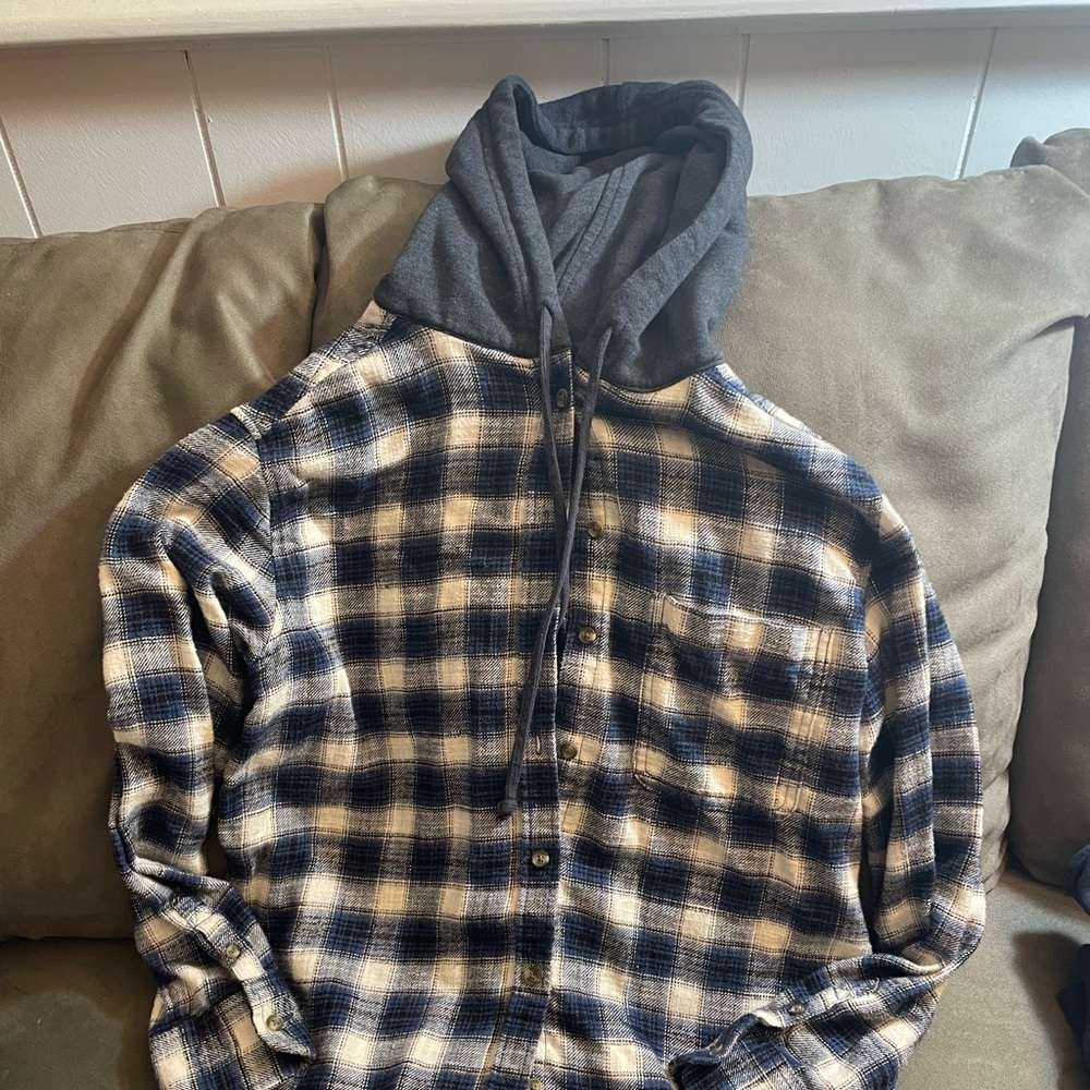 American Eagle Outfitters Blue and White Plaid Shirt with hood - xs